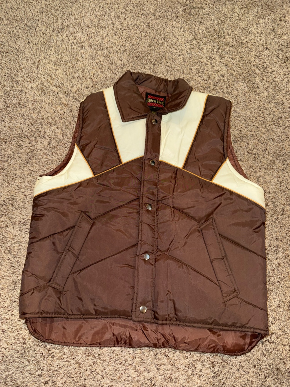 Vintage Brown and Cream Quilted Snap-Front Vest